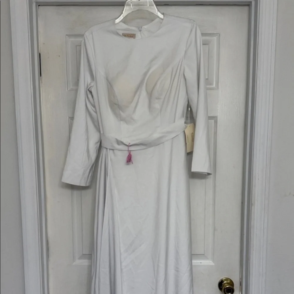 TS Couture Chic Long Sleeve White Dress w/ Bra Cups and flowy veil at waist, NWT